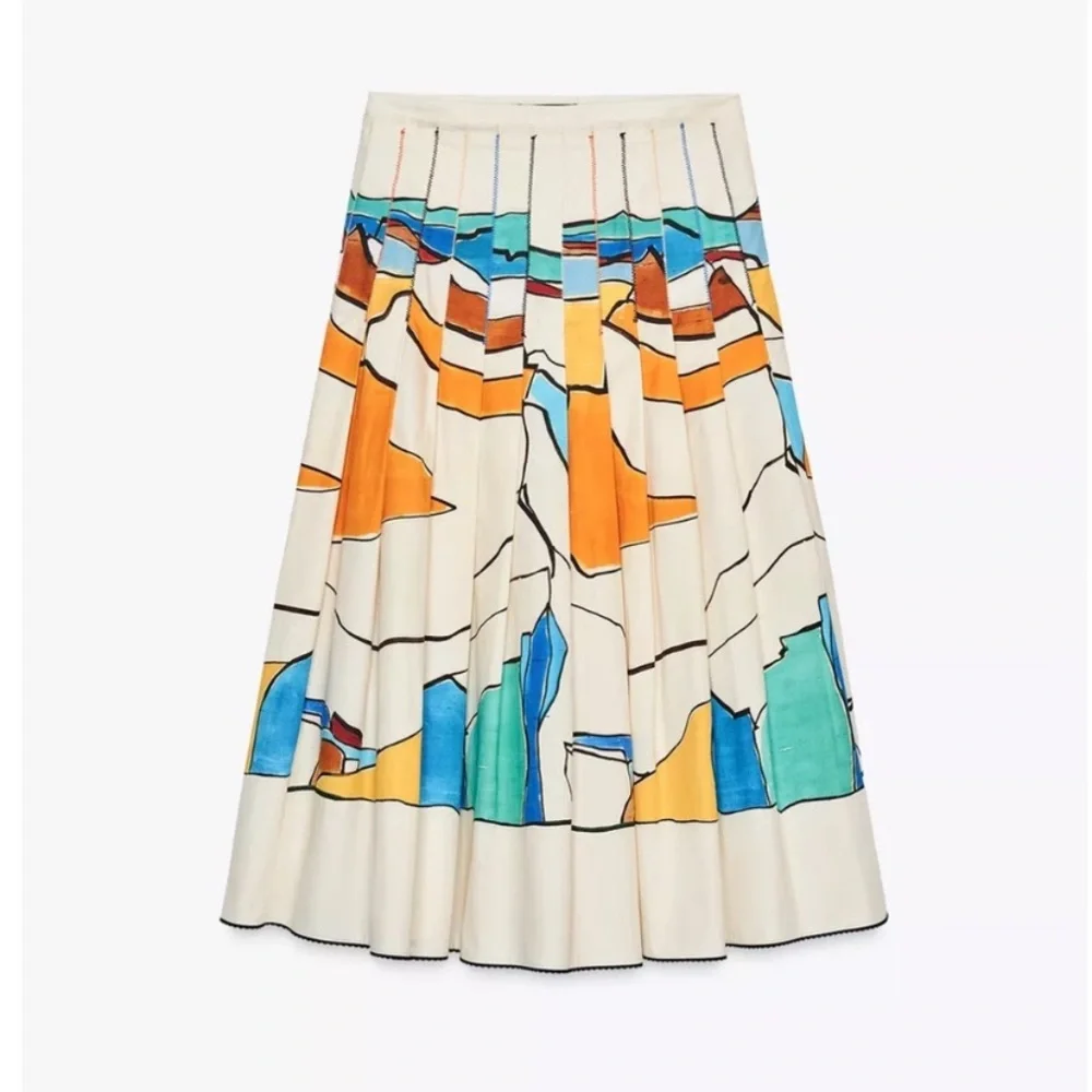 ZARA Printed Pleated Midi Skirt Colorful Abstract Painting Medium, NWOT - Picture 3 of 12